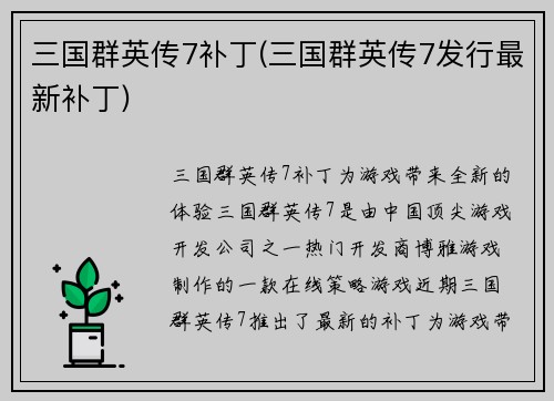 三国群英传7补丁(三国群英传7发行最新补丁)